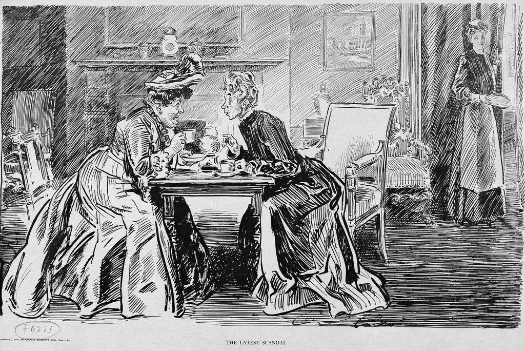 Charles Dana Gibson illustration, "The Latest Scandal," 1905: two women exchanging gossip over tea